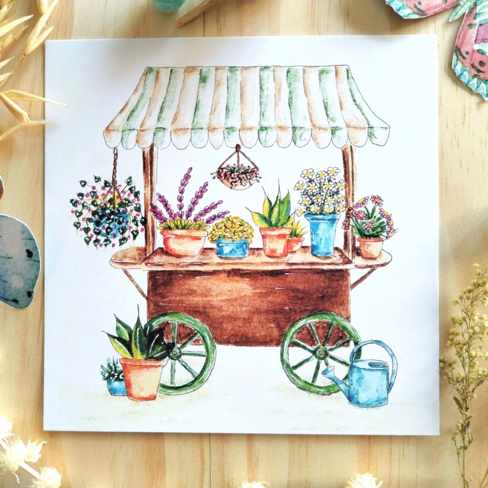 Carte chariot de fleurs Chariot de fleurs, boutique fleurs, illustration aquarelle