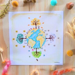 Carte planète et saisons. Monde et nature. Aquarelle
