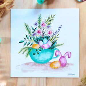 Carte tasse fleurie. Illustration aquarelle Pâques et printemps