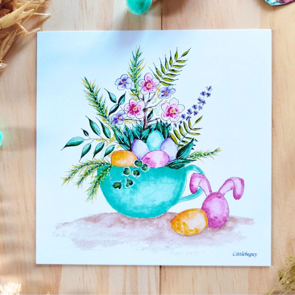 Accueil Carte tasse fleurie. Illustration aquarelle Pâques et printemps