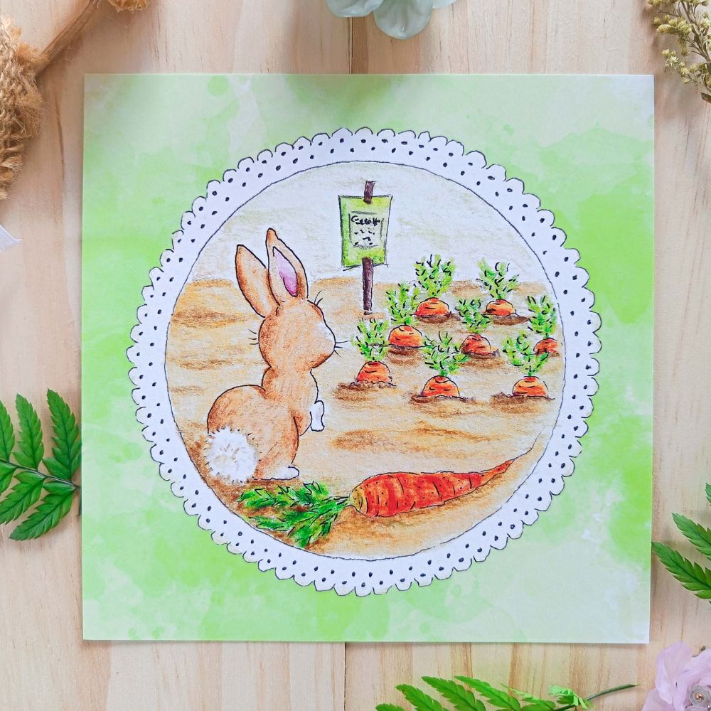 Accueil Carte illustration lapin devant un champ de carottes
