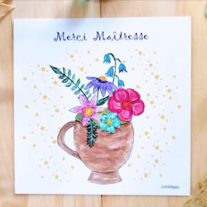 carte cadeau merci maitresse, tasse fleurie, illustration aquarelle