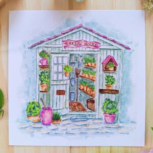 Carte illustration aquarelle cabane de jardin