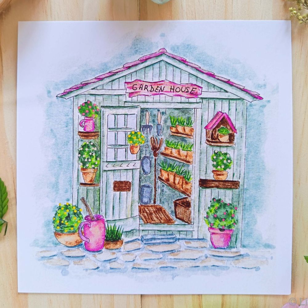 Accueil Carte illustration aquarelle cabane de jardin