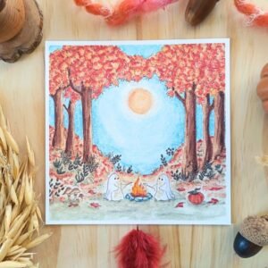 Carte feu de camp, petits fantomes et marshmallow