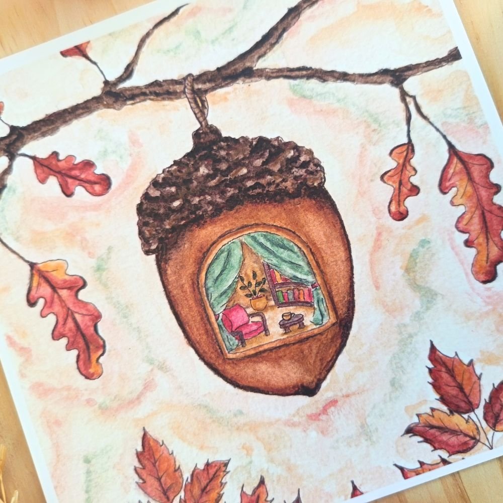 Carte illustration automne, maison gland Carte illustration automne, maison gland