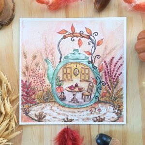 carte théiere enchantée d'automne illustration aquarelle