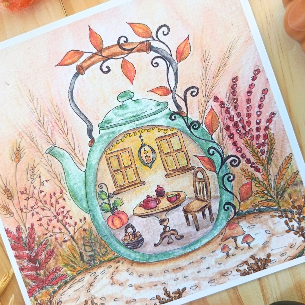 carte illustration aquarelle théière enchantée d'automne carte illustration aquarelle théière enchantée d'automne