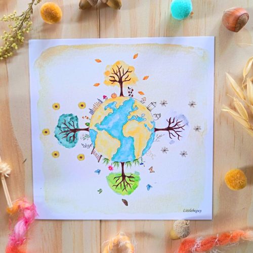 Carte planète et saisons. Monde et nature. Aquarelle